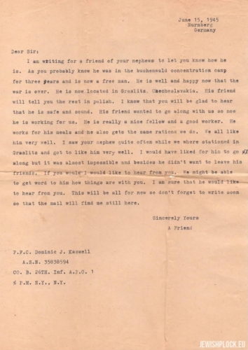 A letter written on behalf of  Samek Brygart to Herman Keller by an US soldier, 1945